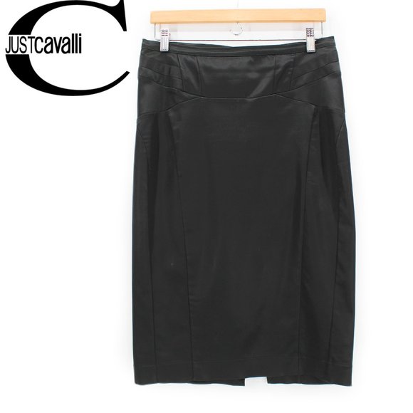 JUST CAVALLI Black Satin Stretch Pencil Skirt High Waist Bodycon Midi IT 44 US 8 - Picture 3 of 12